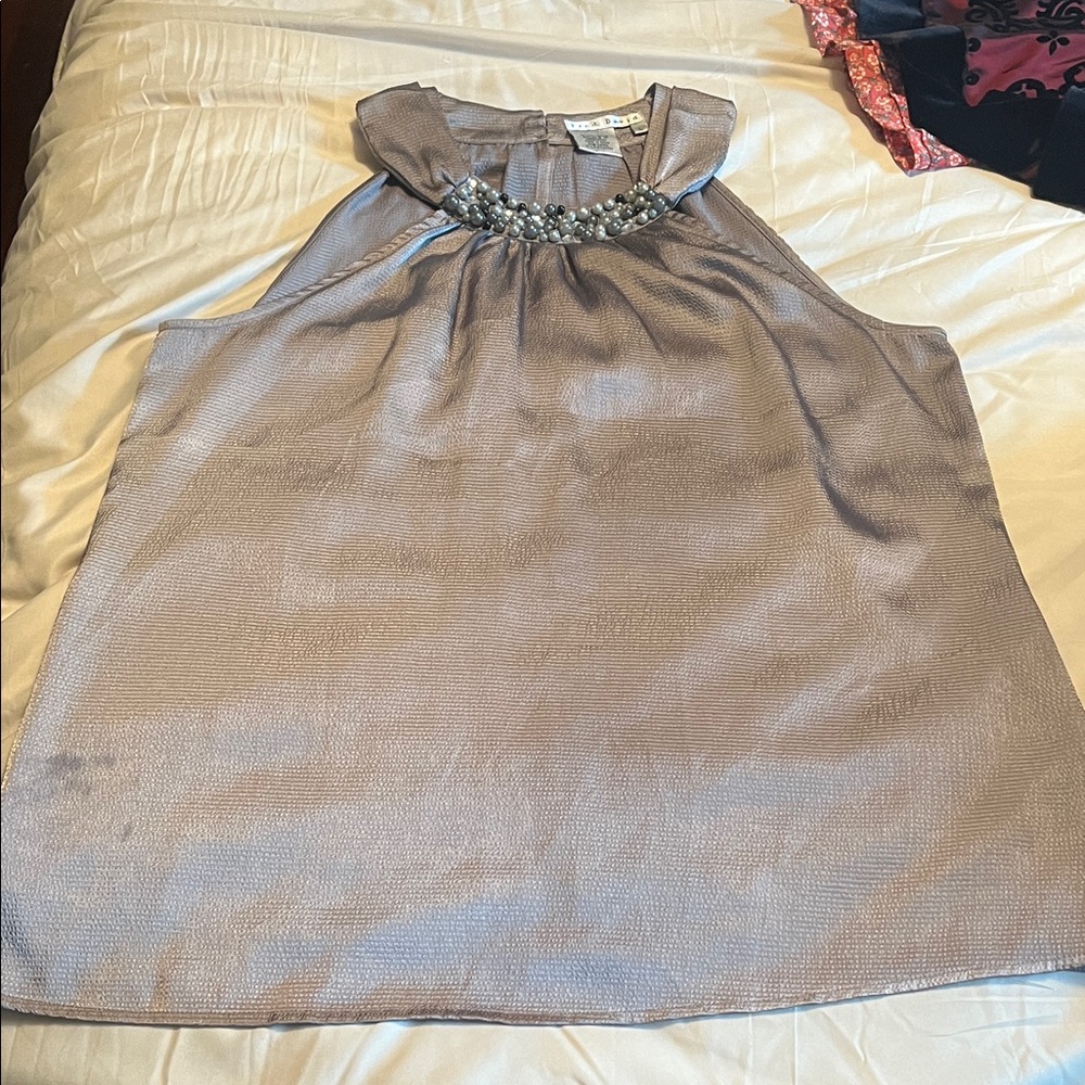 Fred David Silver Sleeveless Blouse with Beaded Neckline